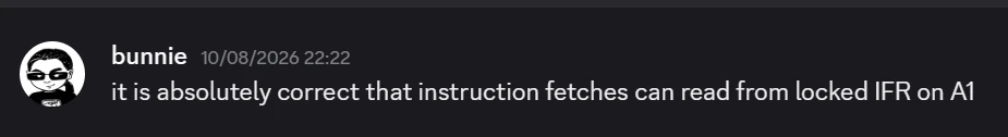 Message from bunnie confirming that on A1 instruction fetches can read from a locked IFR row