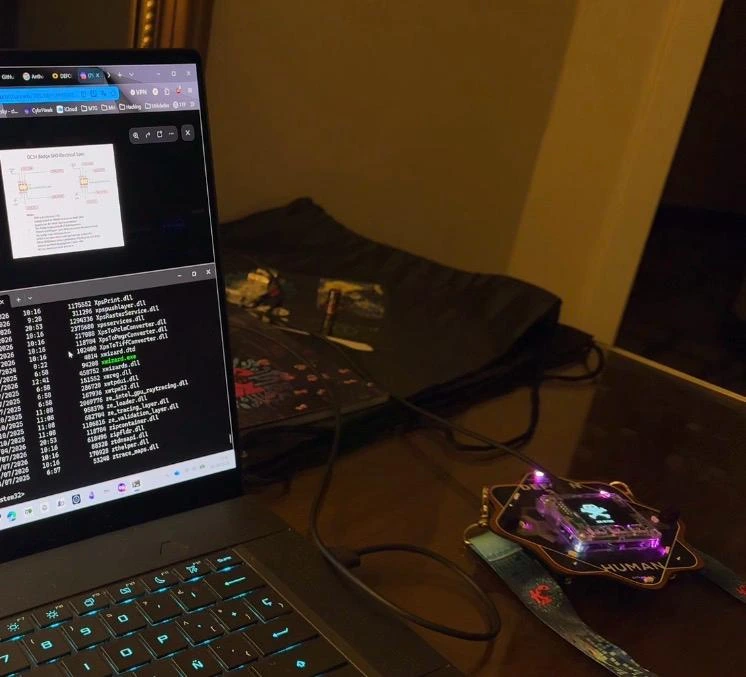 The full hotel desk with the laptop and the badge connected